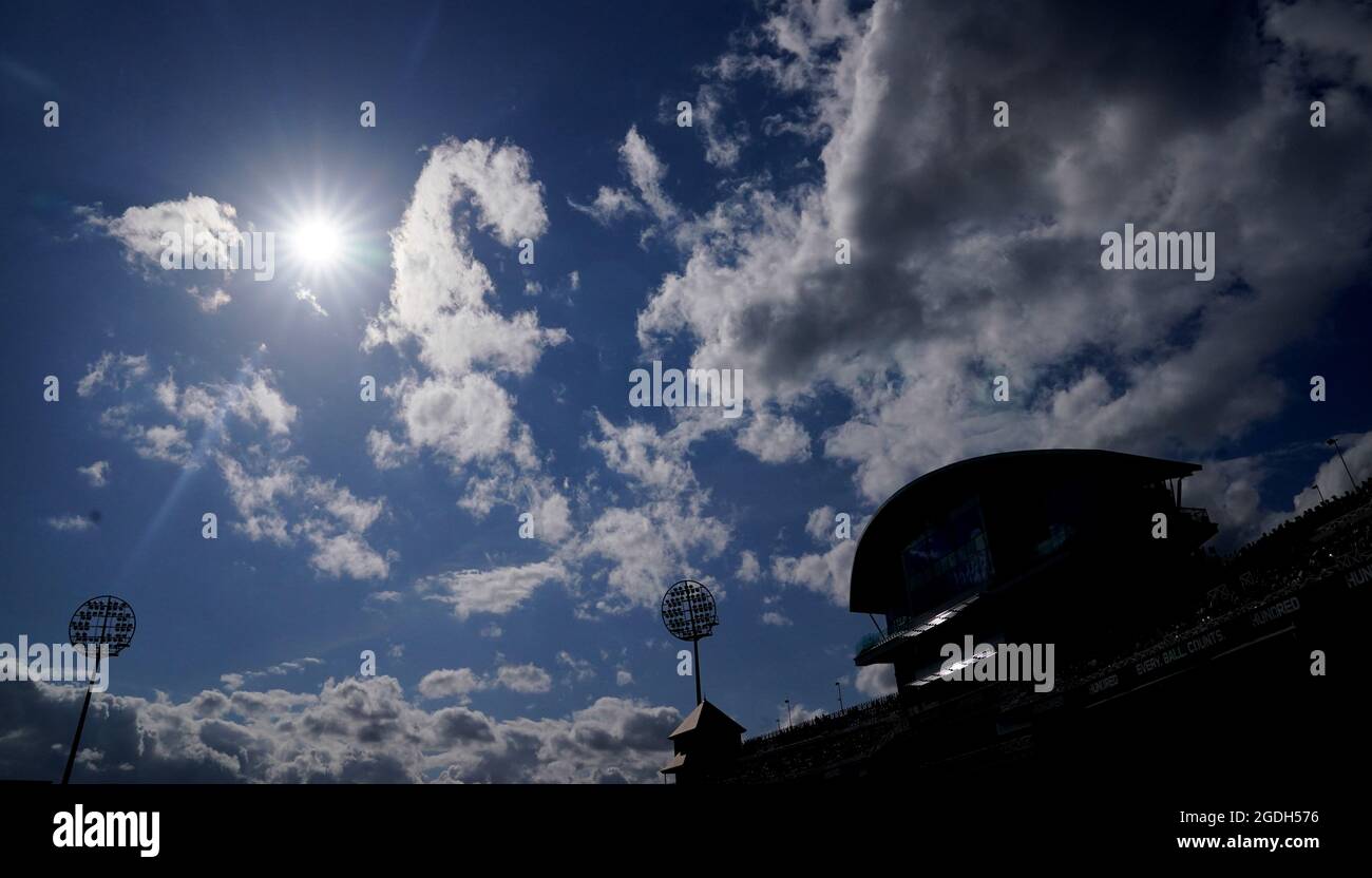 The sun shines over the Radcliffe Road stand during The Hundred match at Trent Bridge