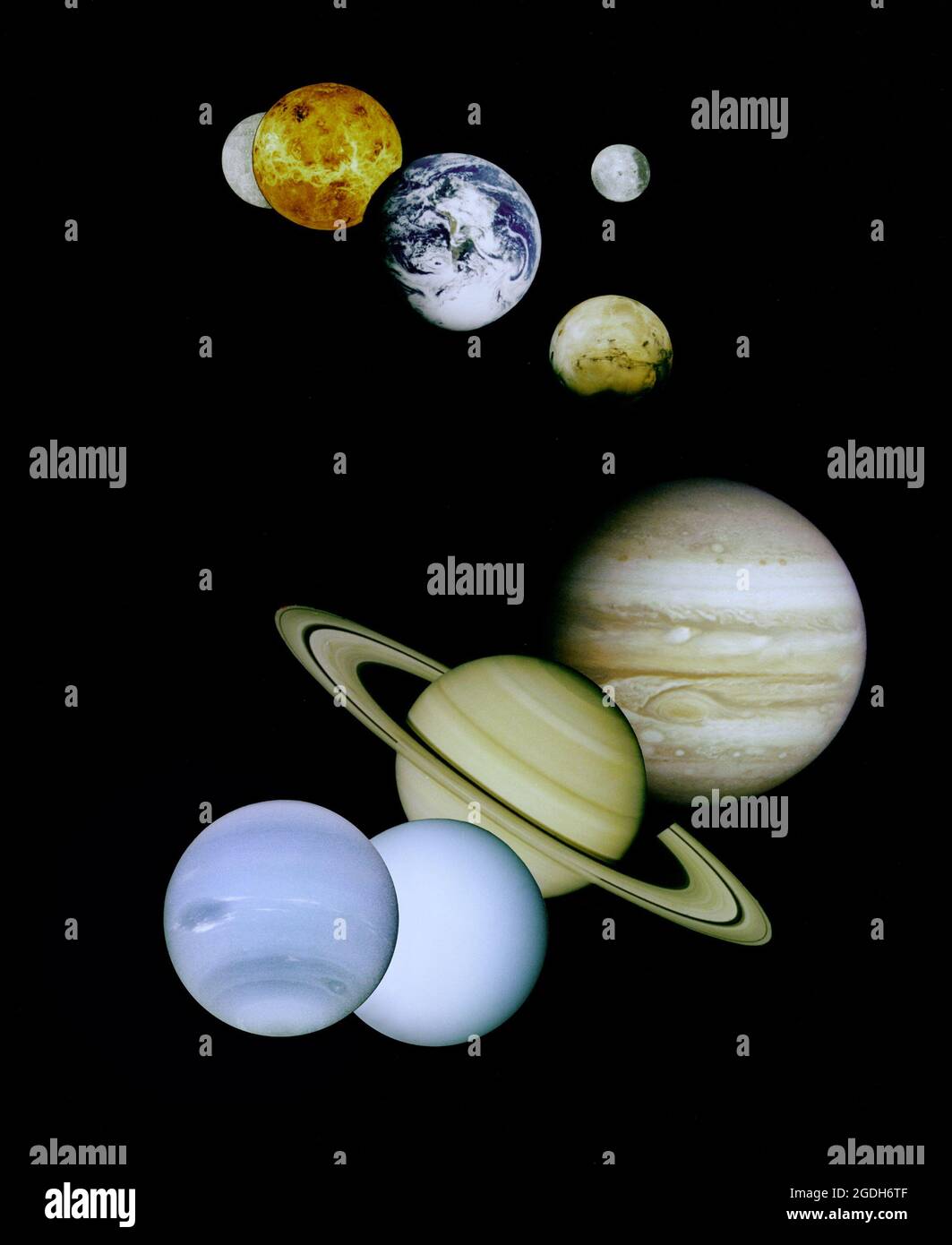 A photo montage of all the planets in the solar system, using images taken by different spacecraft.  The Mercury image was taken by Mariner 10, the Venus image by Magellan, the Earth image by Galileo, the Mars image by Viking, and the Jupiter, Saturn, Uranus and Neptune images by Voyager. The inner planets (Mercury, Venus, Earth, Moon, and Mars) are roughly to scale to each other; the outer planets (Jupiter, Saturn, Uranus, and Neptune) are roughly to scale to each other. Stock Photo
