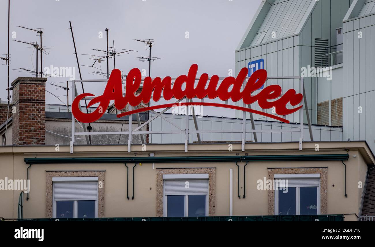 Advertising sign for the famous AUSTRIA, EUROPEn lemonade called Almdudler - VIENNA, AUSTRIA, EUROPE - AUGUST 1, 2021 Stock Photo