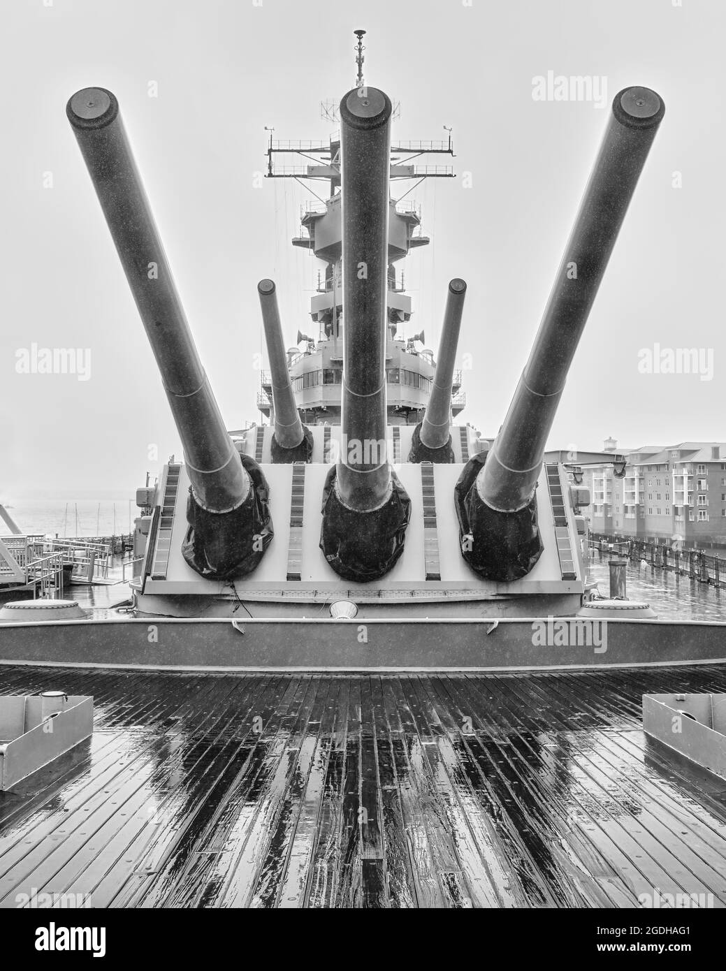 The USS Wisconsin was launched in 1944. Nicknamed “Wisky” is an Iowa-class battleship. Wisconsin's main battery consisted of nine 16 inch/50ca Stock Photo