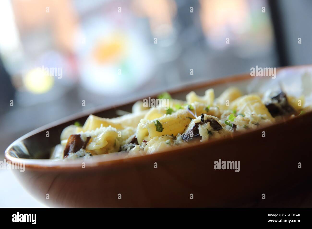 pasta mushroom truffle oil on wood background , Rigatoni pasta noodle
