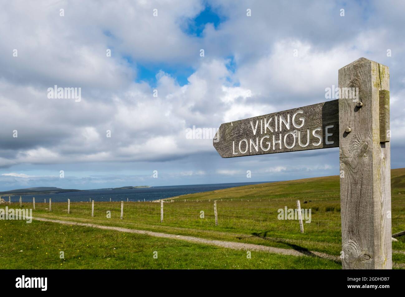 Sign to the site of an excavated Viking Longhouse at Sandwick on Unst