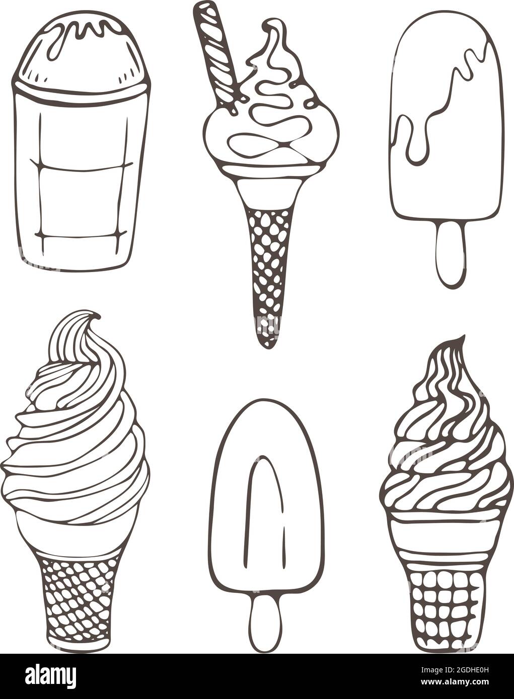 Outline vector illustration set of doodle ice cream icons isolated on white background. Perfect for coloring book for kids and adults. Lovely small icons. Vector illustration Stock Vector