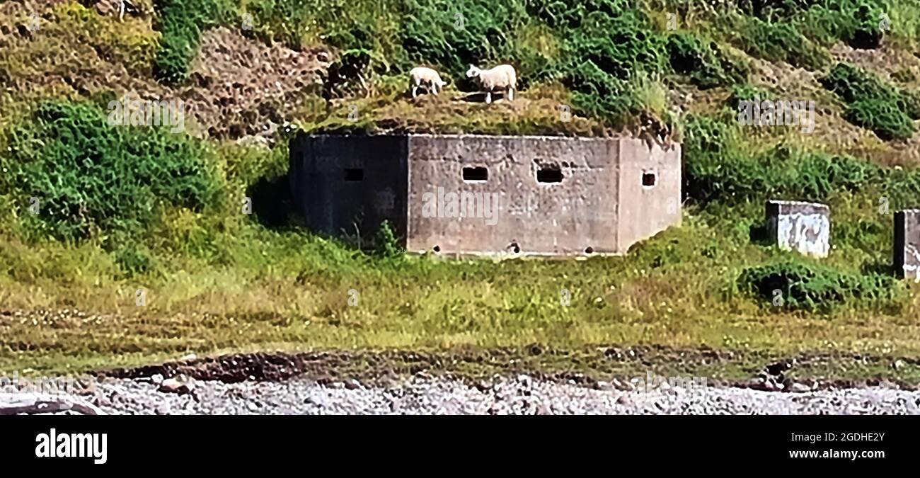 WWII military defences - Former Army military pill-box emplacement at Inverbervie beach, Scotland, (still in place in 2021). The name in Scottish Gaelic is Inbhir Biorbhaidh or Biorbhaigh and means 'mouth of the River Bervie'. The town is situated the north-east coast of Scotland, near Stonehaven. Now part of Aberdeenshire it was historically in Kincardineshire, Stock Photo