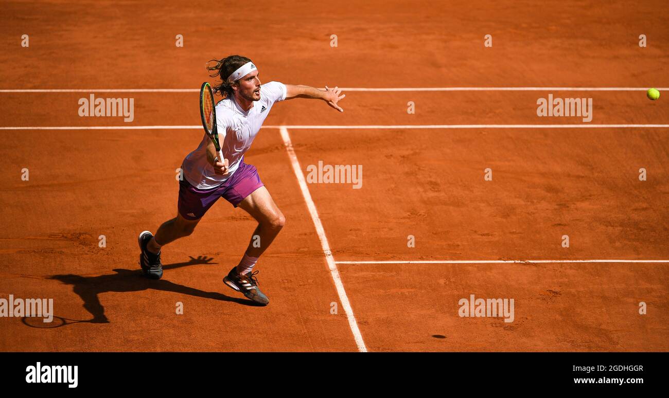 Stefanos Tsitsipas hitting a forehand volley during the semi-final of Roland Garros (French Open), Grand Slam tennis tournament on June 11, 2021. Stock Photo