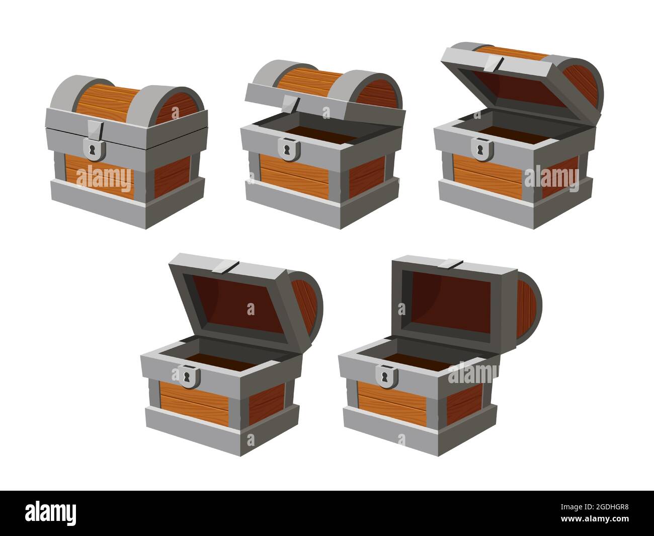 Chest animation. Cartoon empty treasure casket opening frames. Closed ancient chest with lock. Game wooden box with open cover vector icons Stock Vector