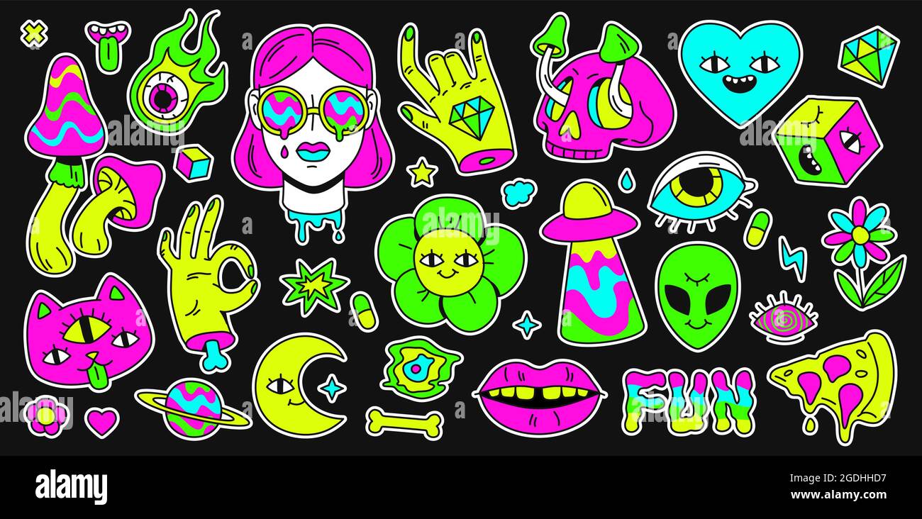 Psychedelic retro space, rainbow and surreal elements sticker. Abstract cartoon weird emoji, girl and cat character. Holutination vector set Stock Vector