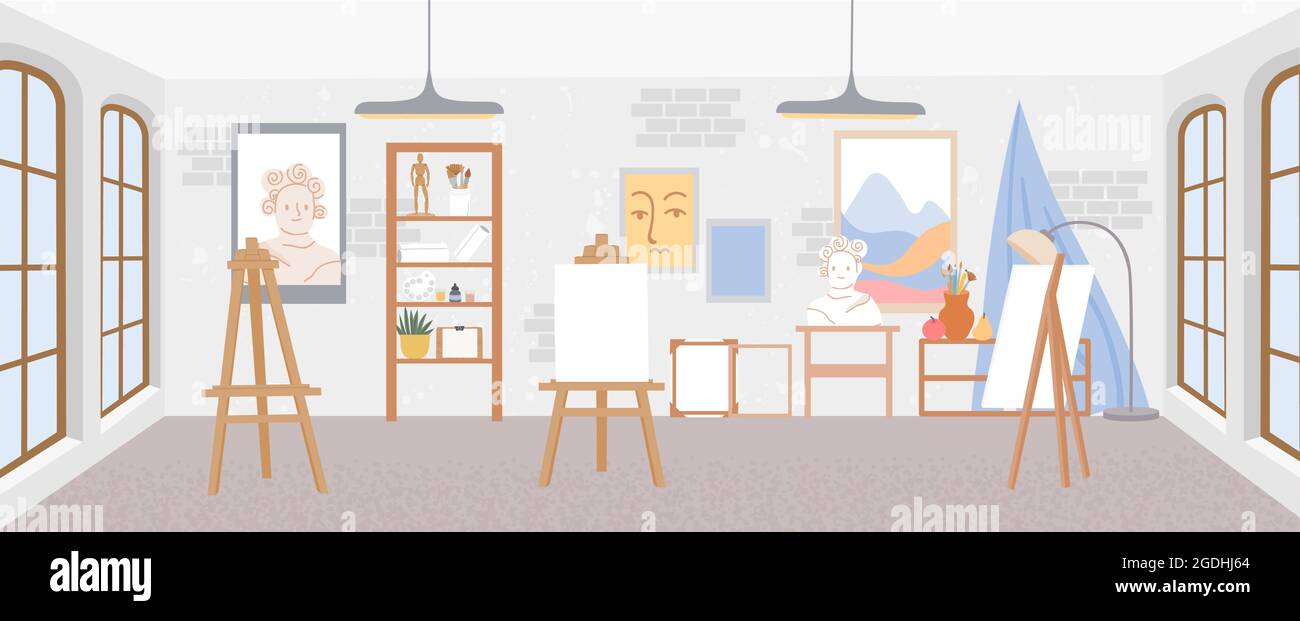 Artist workshop or art studio classroom interior with easels. Painter room  with canvases and drawing tools, paints and brushes vector scene Stock  Vector Image & Art - Alamy