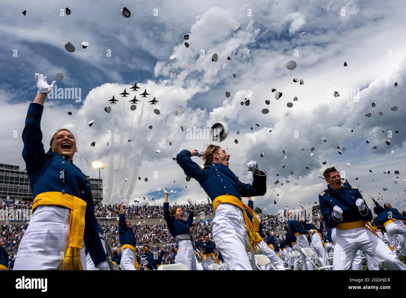 The U.S. Air Force Air Demonstration Squadron 'Thunderbirds' perform a fly-over at the Air Force Academy graduation in Colorado Springs, Colorado, May 26, 2021. Shortly after the event, the Thunderbirds performed an aerial demonstration for the crowd and the newly promoted second lieutenants. (U.S. Air Force Photo/SSgt Laurel M. Richards) Stock Photo
