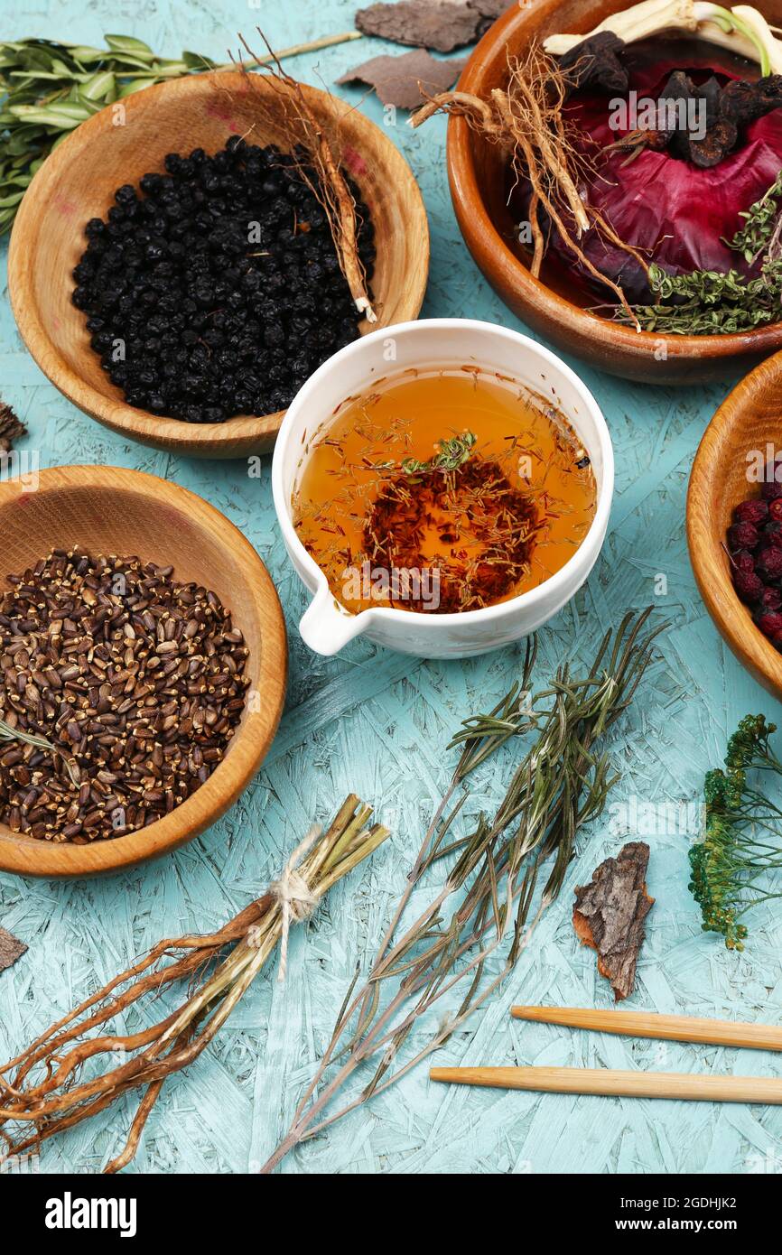 Traditional chinese herbal medicine ingredients, closeup Stock Photo