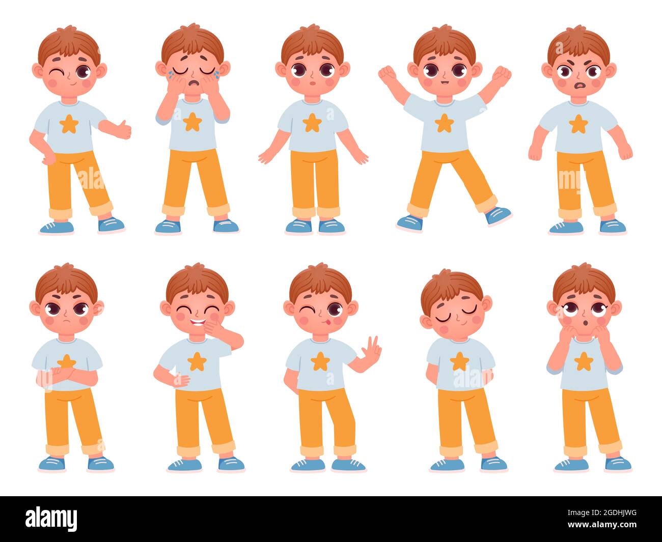 Cartoon cute kid boy character expressions and emotions. Little child  laugh, smile, cry and surprise. Angry, sad, happy boy pose vector set Stock  Vector Image & Art - Alamy