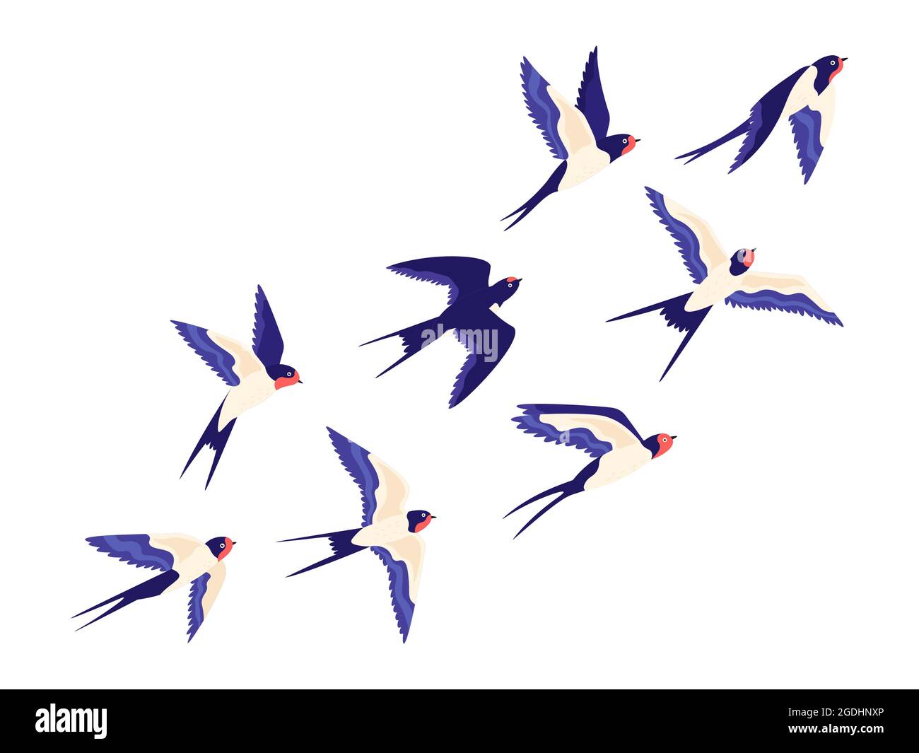 Flat small swallow bird flock flying in air. Cartoon group of barn swallows freedom flight in sky. Peaceful vector illustration with birds Stock Vector