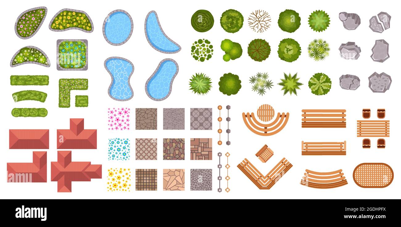 Garden landscape design elements aerial top view. Bush flowers, ponds, houses and sidewalk icons. Park plan map from above vector Stock Vector & Art - Alamy