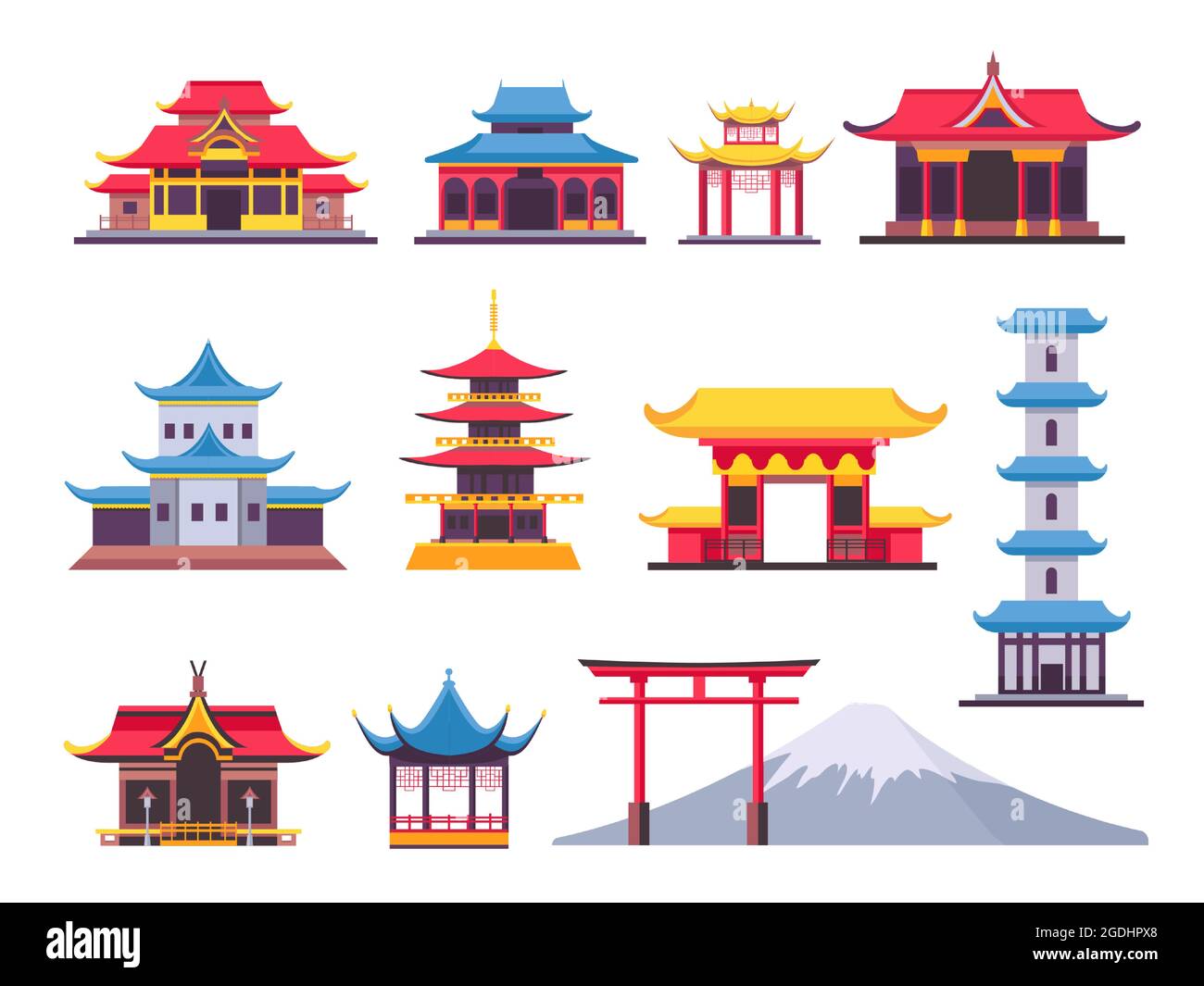 Flat japanese buildings, ancient pagoda and cultural landmark. Asian mountain fuji. Chinese towers, temples and traditional house vector set Stock Vector