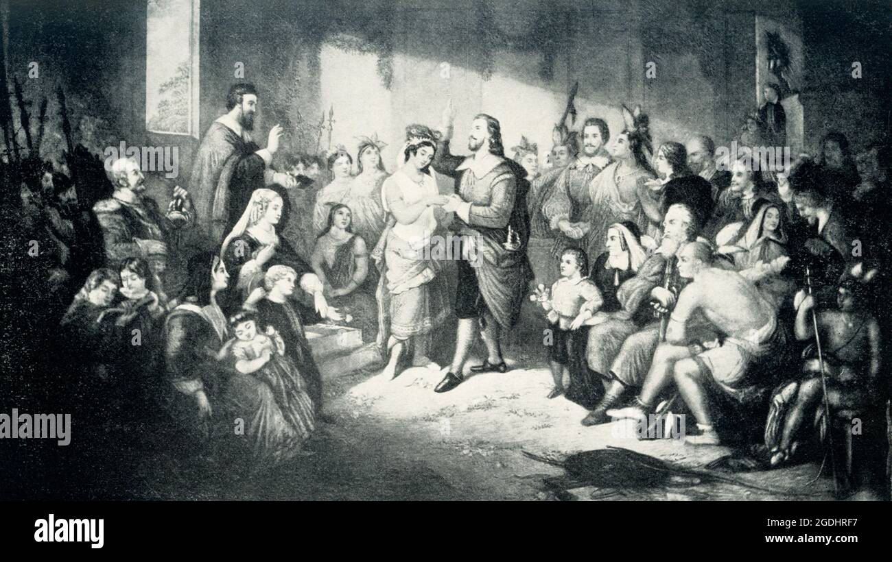 This 1899 illustration shows the marriage of Pocahontas to John Rolfe in 1614. English Captain John Smith guided the colonists through difficult times in the Jamestown settlement of 1607. But records say: John Smith came to the Powhatan when Pocahontas was about 9 or 10. According to Mattaponi oral history, little Matoaka was possibly about 10 years old when John Smith and English colonists arrived in Tsenacomoca in the spring of 1607. John Smith was about 27 years old. They were never married nor involved. Stock Photo