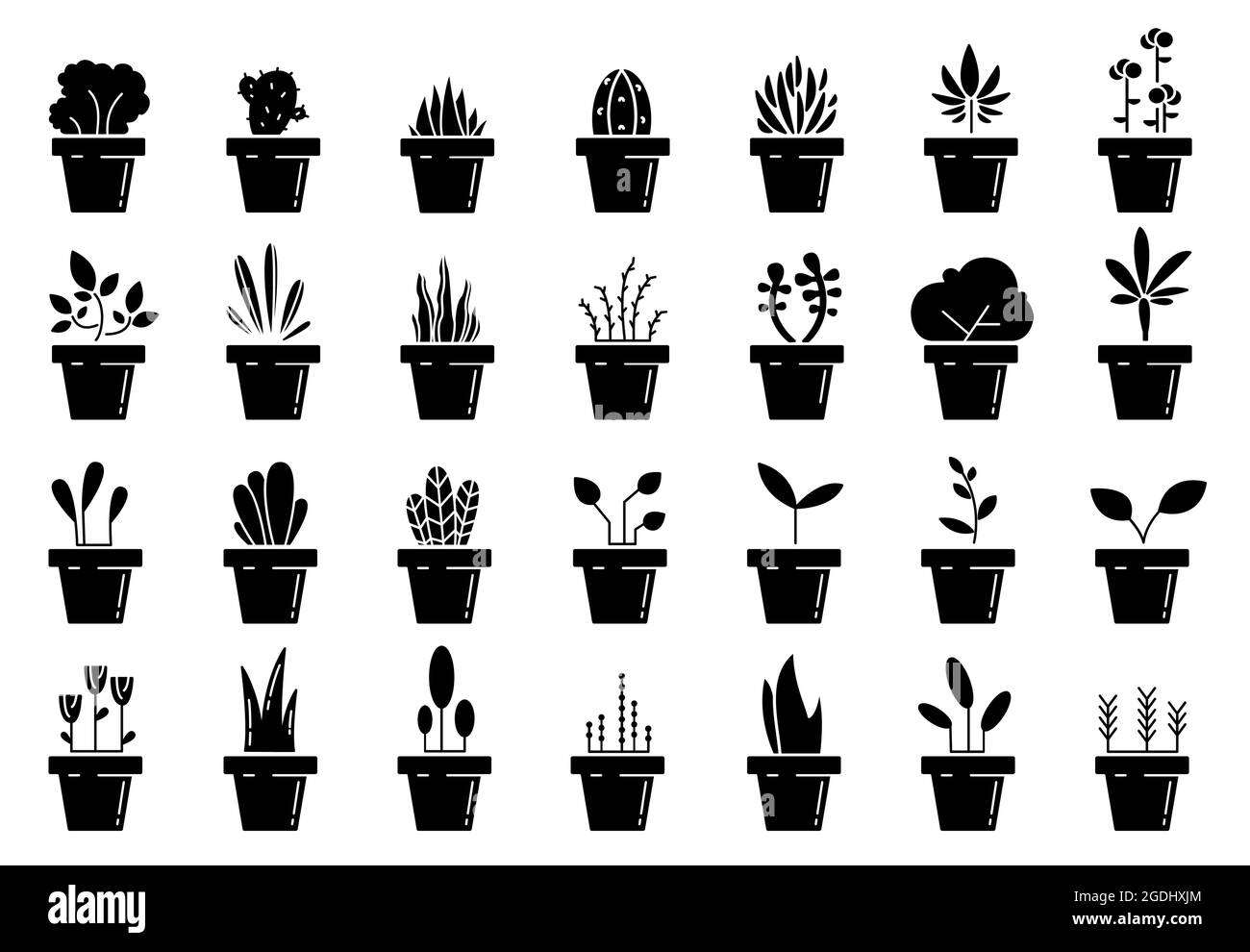 Flowerpot icons. Set of floral plants in pots. Plant in pot isolated