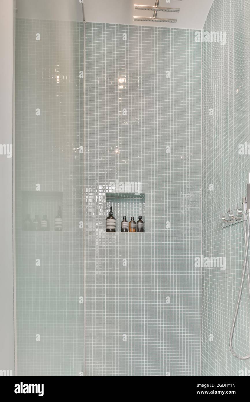 Modern shower stall in a bright bathroom Stock Photo
