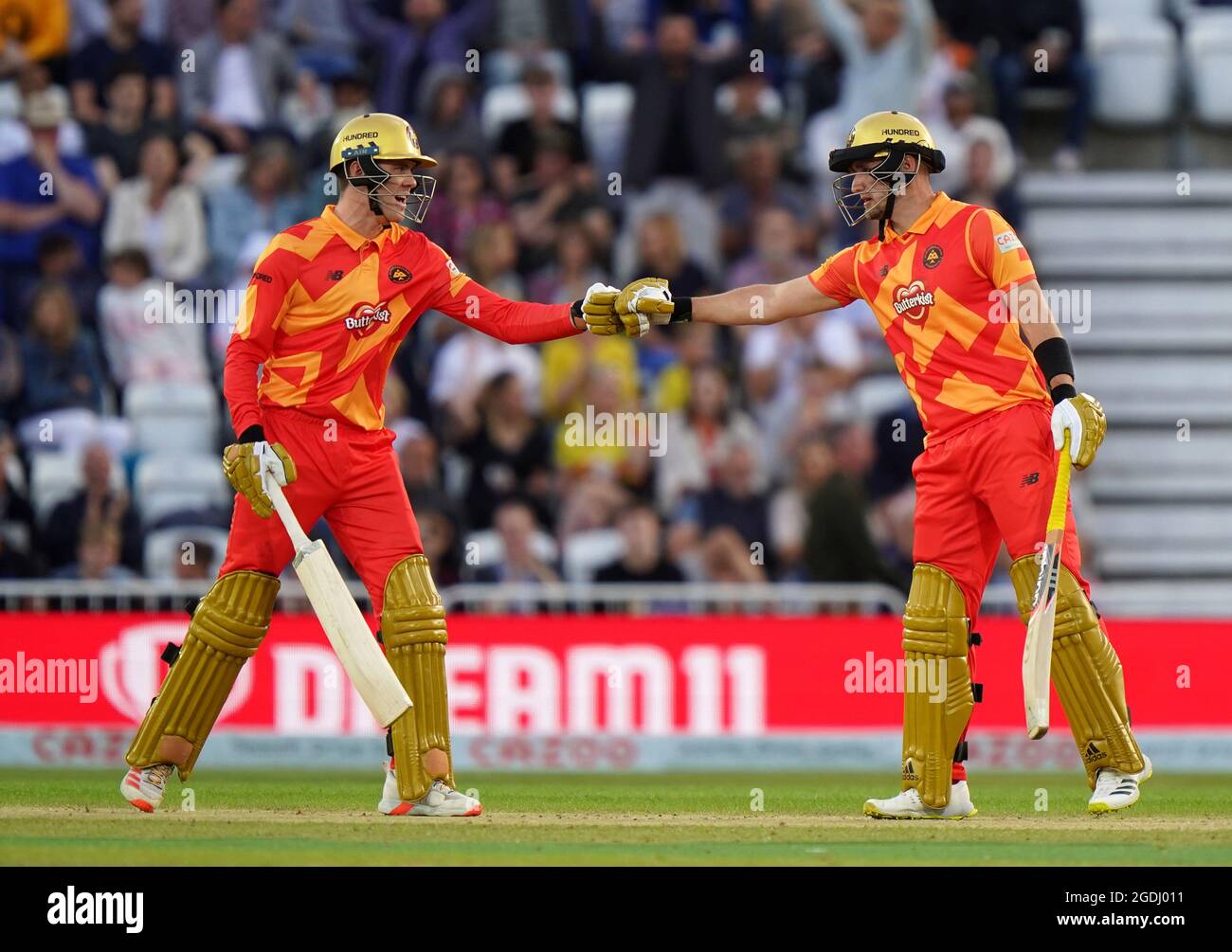 Birmingham Phoenix's Liam Livingstone (right) and Finn Allen during The Hundred match at Trent Bridge, Nottingham. Picture date: Friday August 13, 2021. Stock Photo