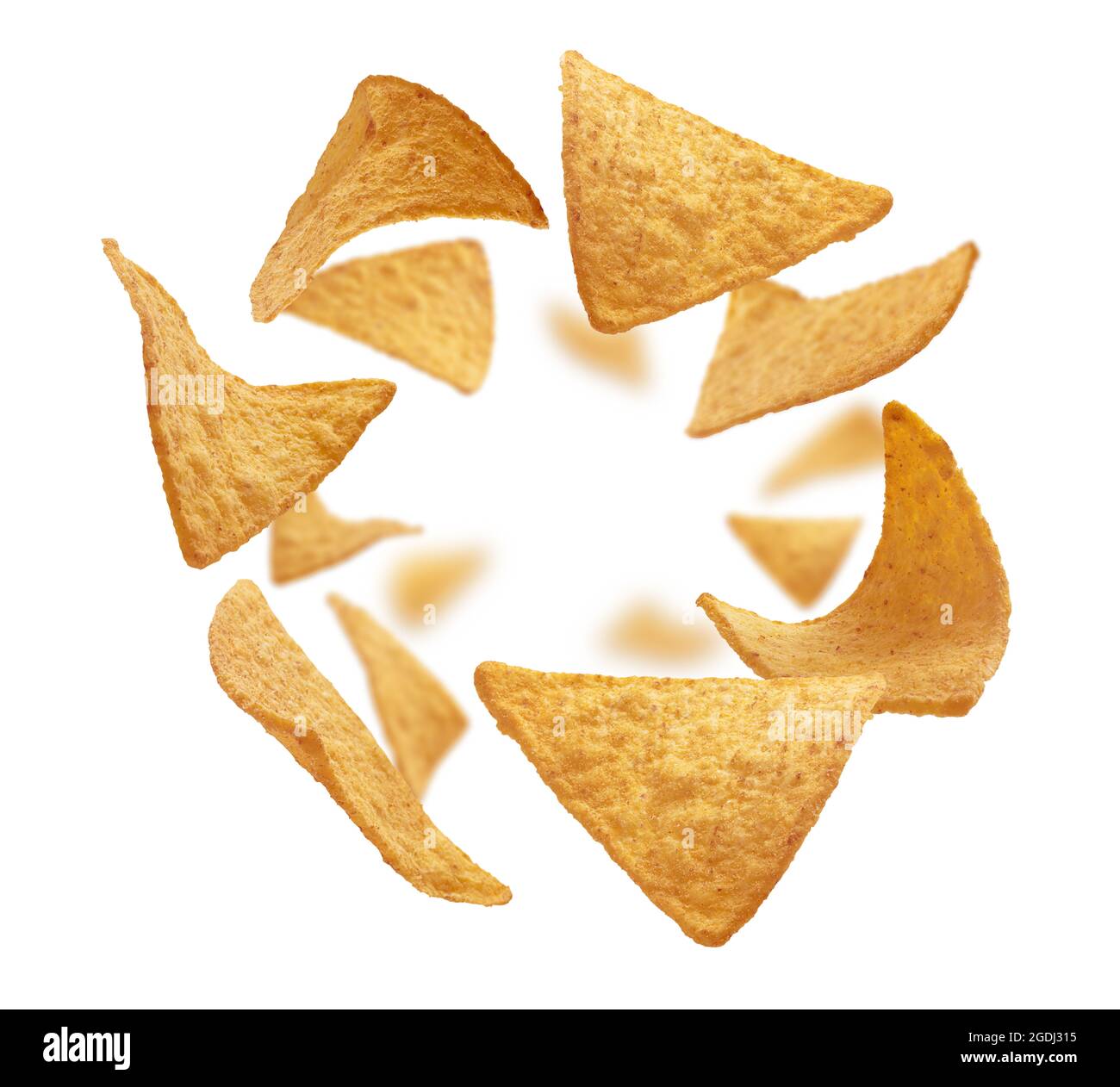 Corn chips of triangular shape levitate on a white background Stock