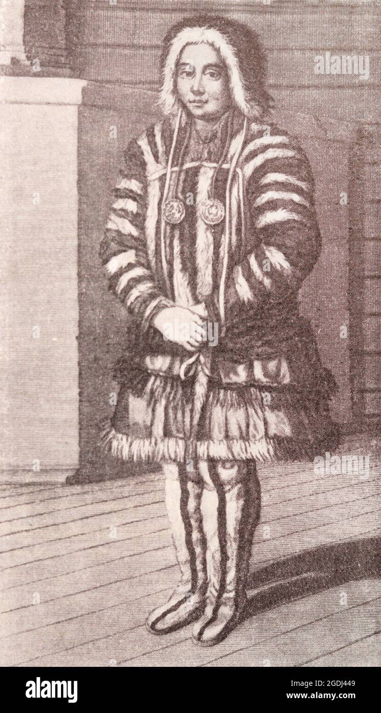 Samoyed woman. Engraving of 1714.. Stock Photo