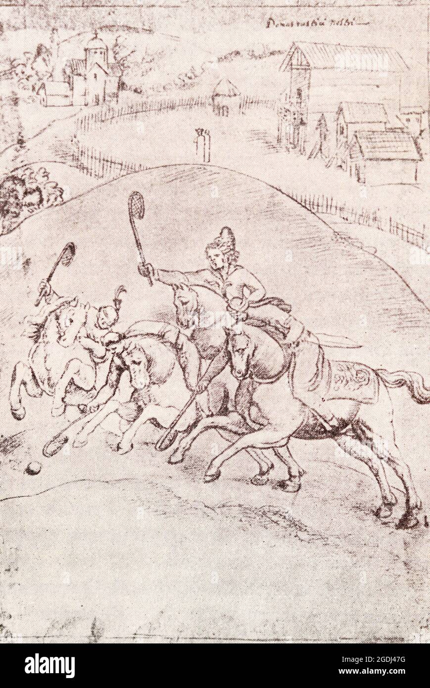 Trochus riders game. Drawing of the 17th century. Stock Photo