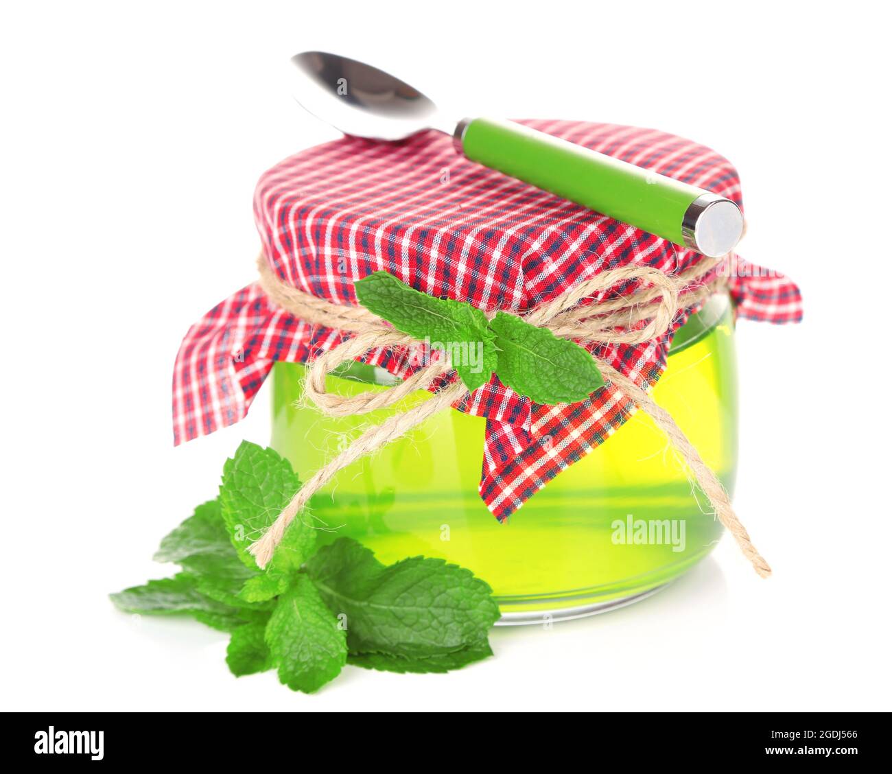 Homemade mint jelly in glass jar, isolated on white Stock Photo Alamy