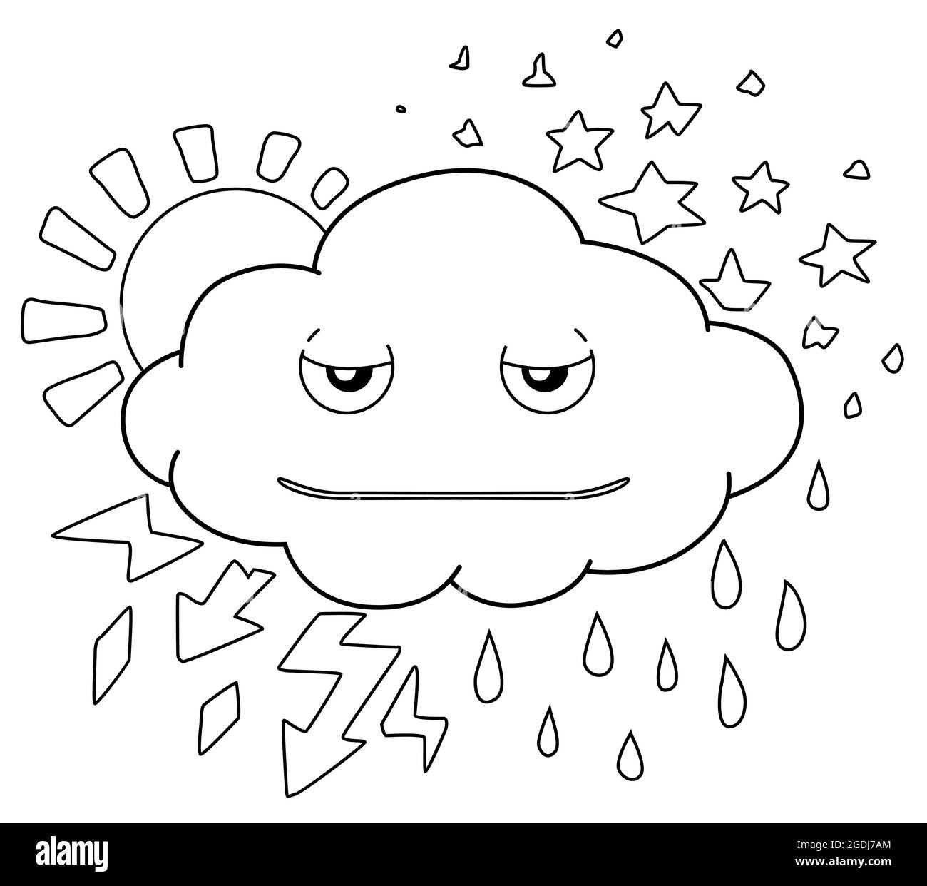 Weather cloud cartoon line drawing, vector, horizontal, black and white, isolated Stock Vector