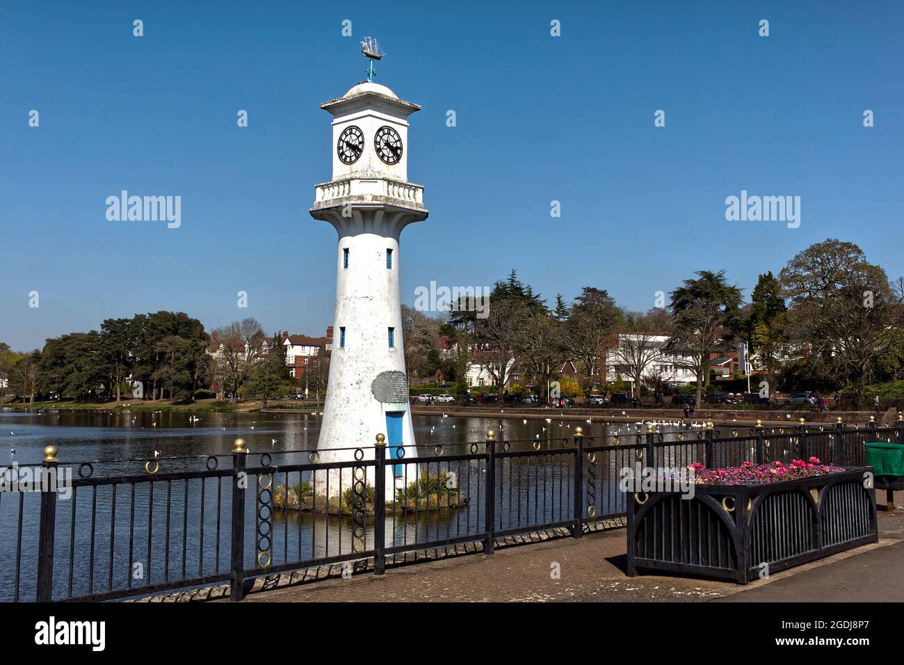 Scott of the Antarctic memorial clock tower, Roath Park lake, Cardiff U ...