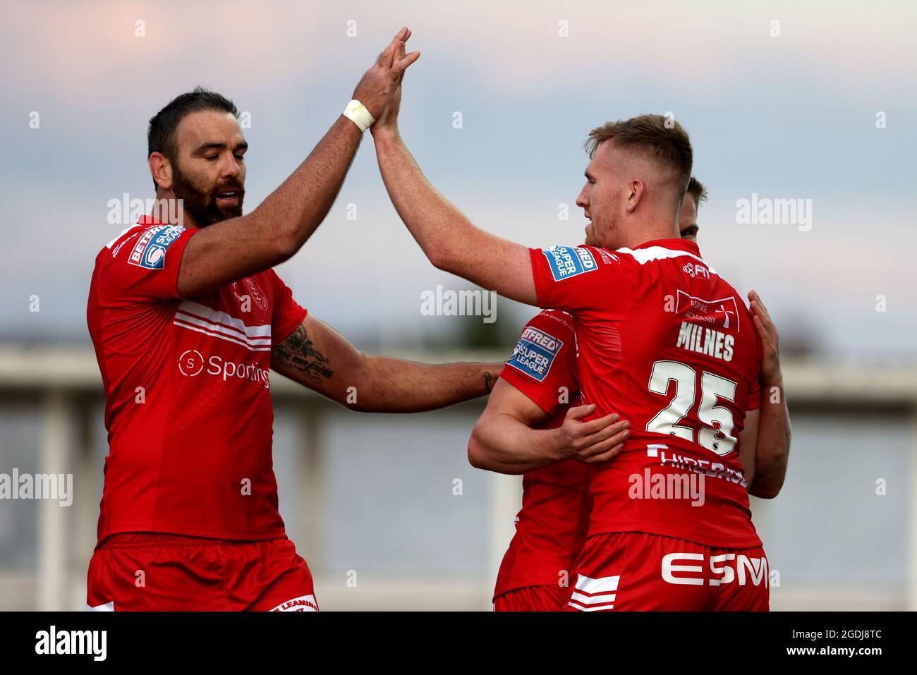 Hull Kr's Kane Linnett and try scorer Rowan Milnes celebrate during the Betfred Super League match at Hull College Craven Park, Hull. Picture date: Friday August 13, 2021. Stock Photo