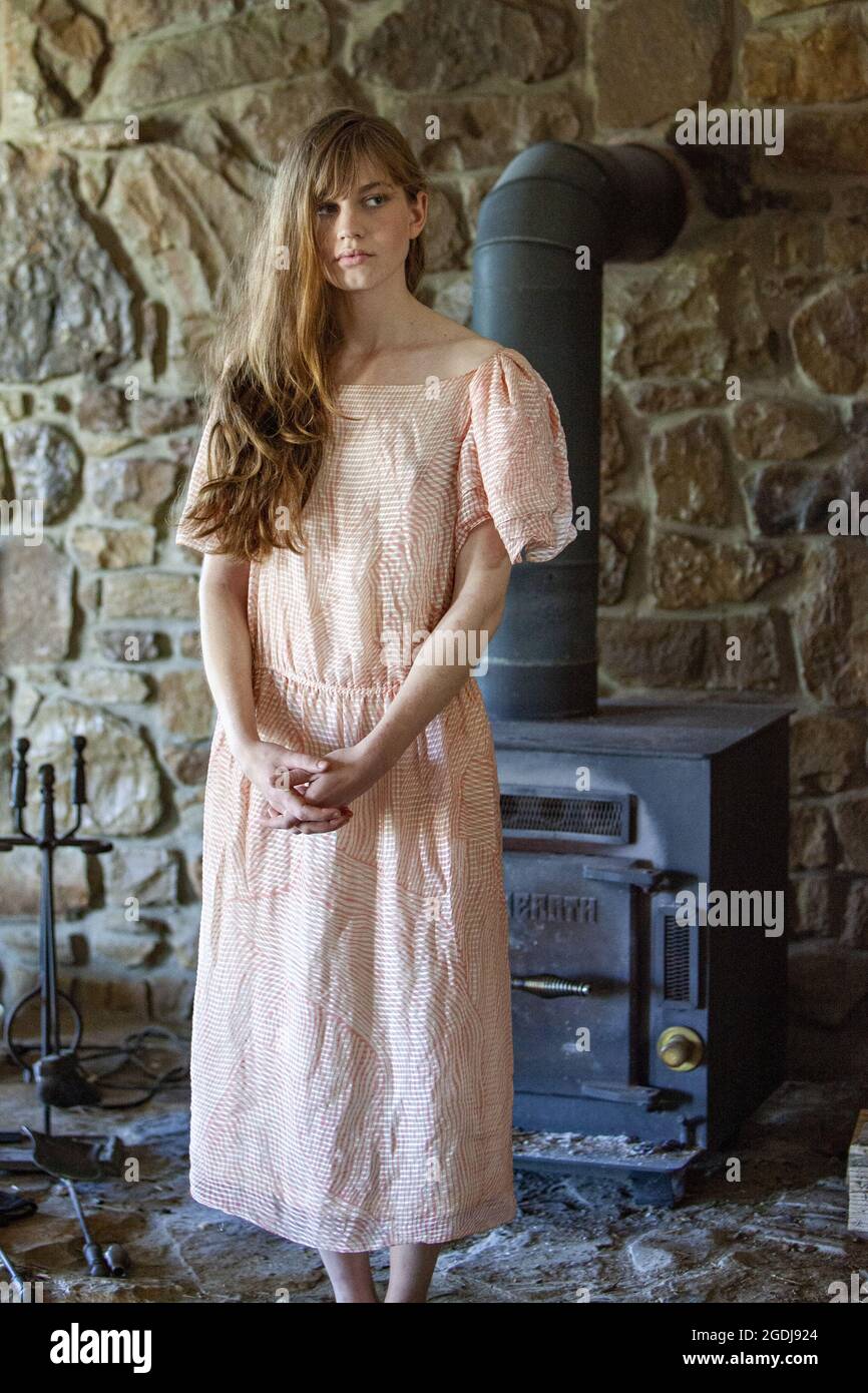 Very pretty young woman stands in front of a wood stove on a rural America homestead. Stock Photo