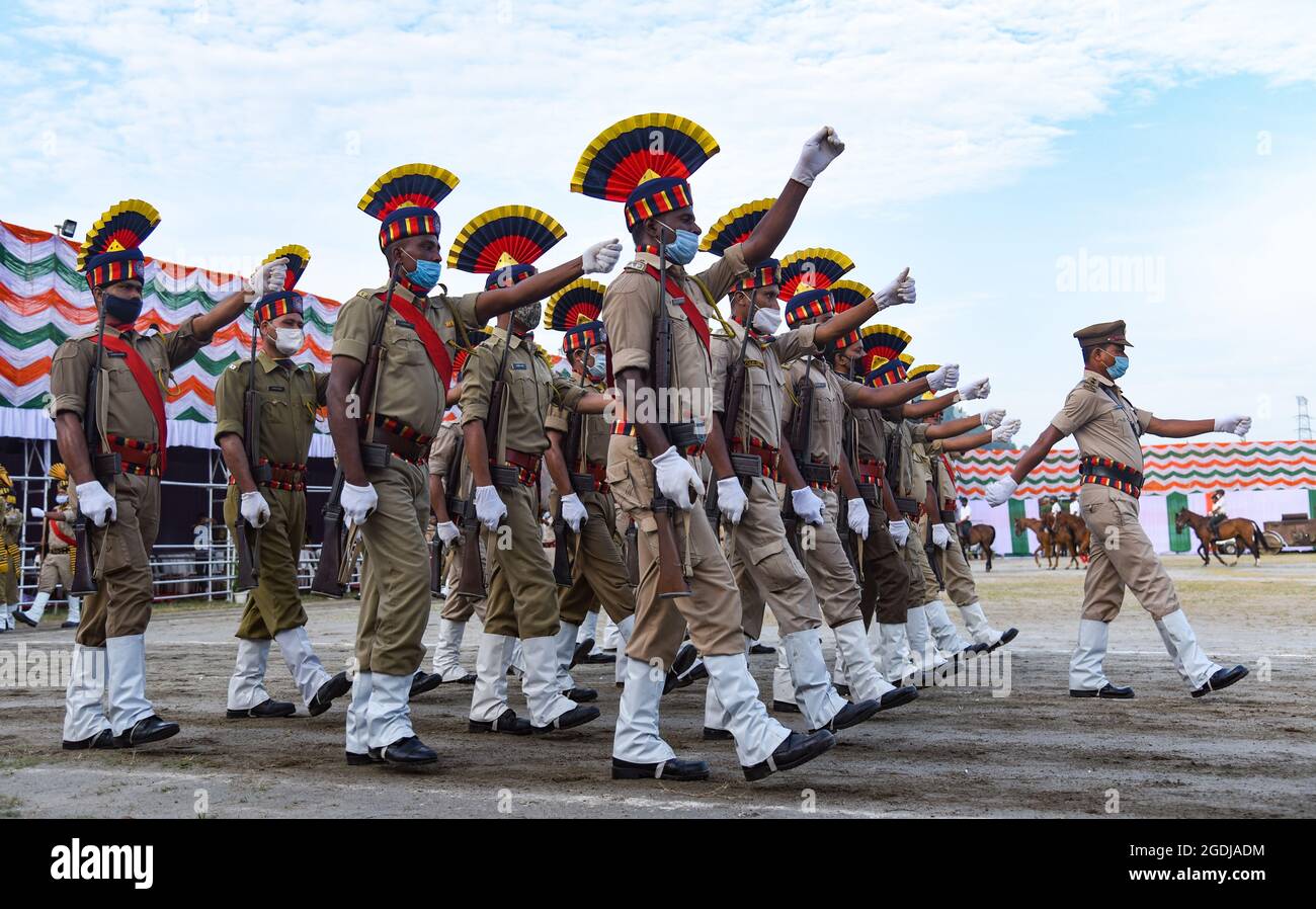 Guwahati, India. 13th Aug, 2021. Indian Paramilitary soldiers takes part in full dress rehearsal for the 75th Independence Day parade in Guwahati, India on August 13, 2021. Credit: David Talukdar/Alamy Live News Stock Photo