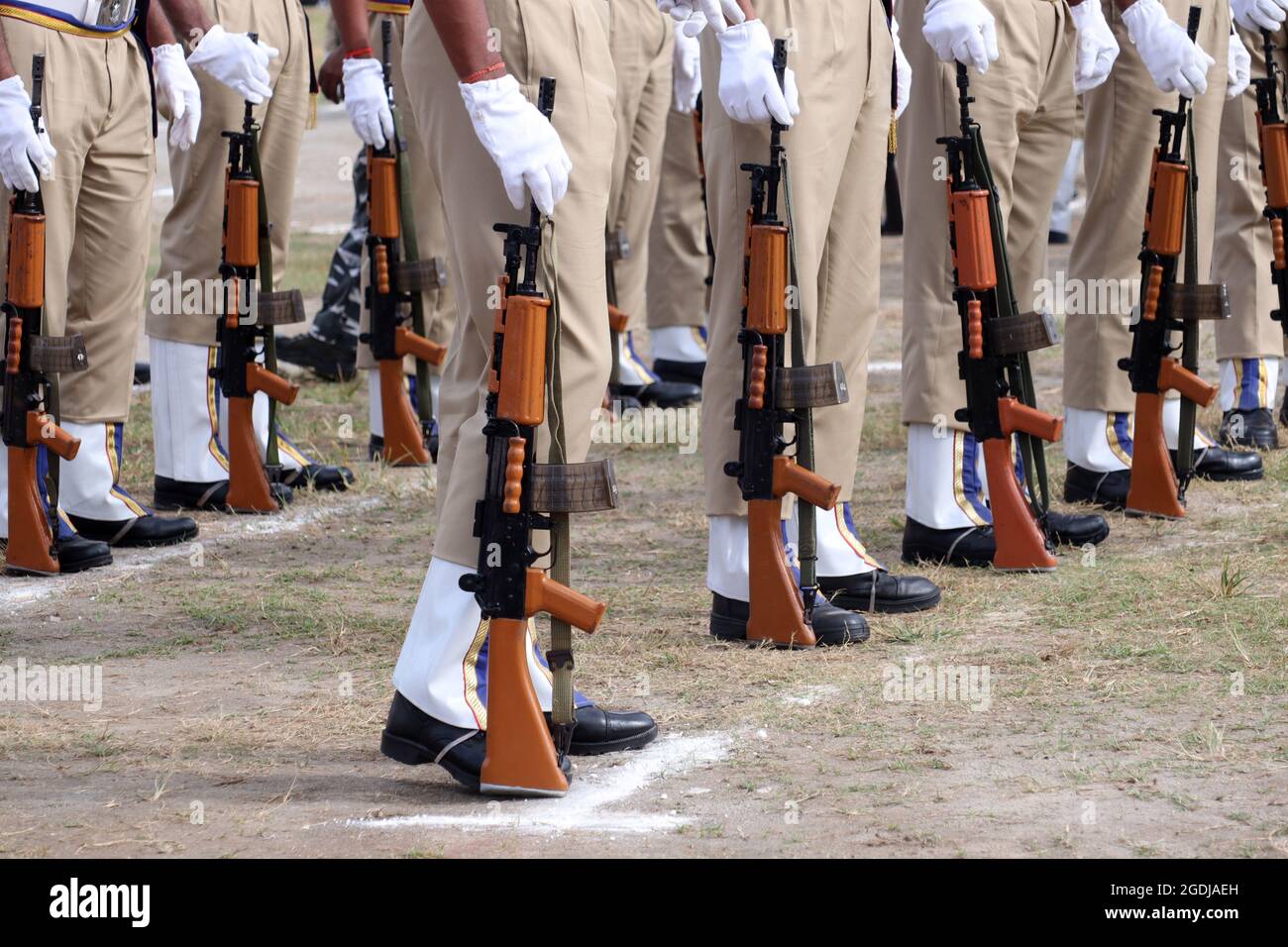 Guwahati, India. 13th Aug, 2021. Indian Paramilitary soldiers takes part in full dress rehearsal for the 75th Independence Day parade in Guwahati, India on August 13, 2021. Credit: David Talukdar/Alamy Live News Stock Photo