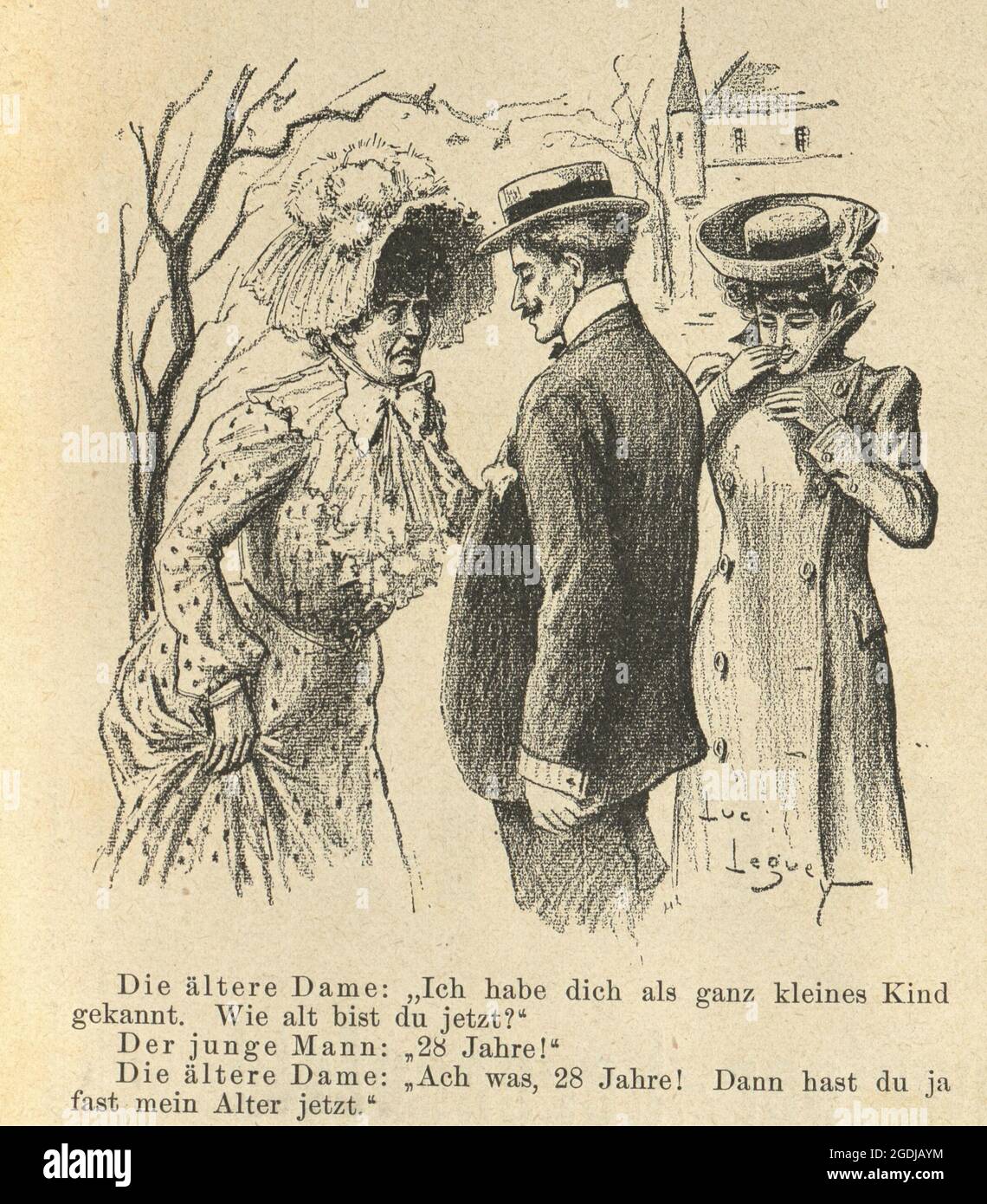 Vintage cartoon, 1900s, Man finding out a womans age. German. The older lady: 'I have you as a very small child know. How old are you now?' The young Stock Photo