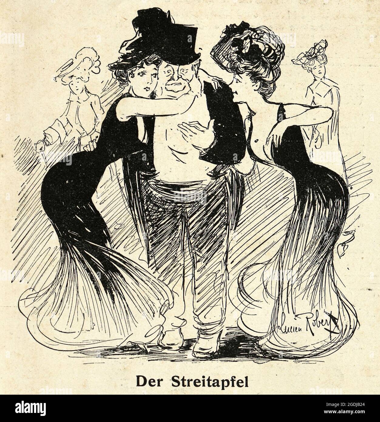 Victorian German cartoon, Two beautiful young woman flirting with a rich old man, 1900s Stock Photo