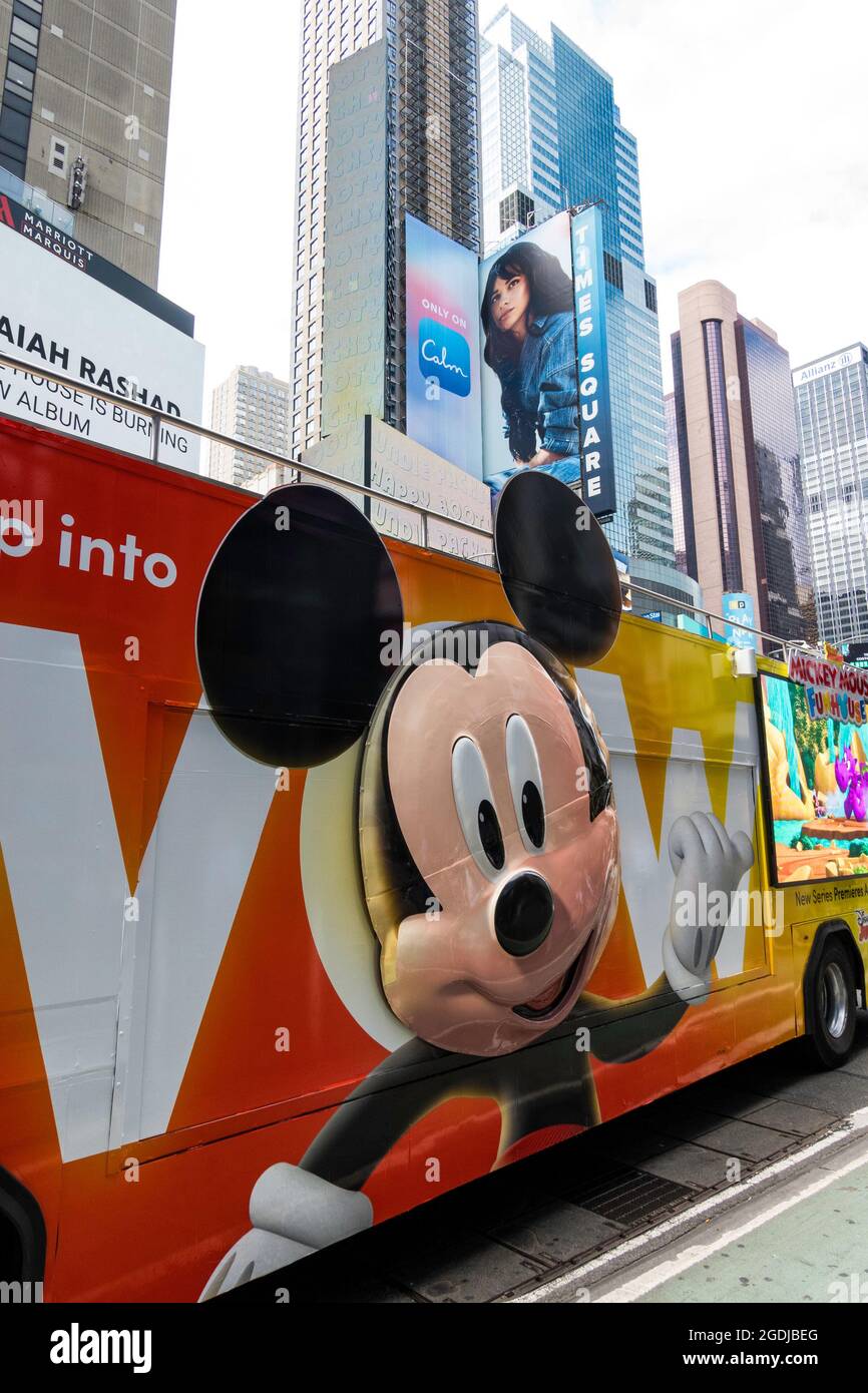 Double Decker Mickey Mouse Tour Bus, Times Square, NYC, USA 2021 Stock Photo