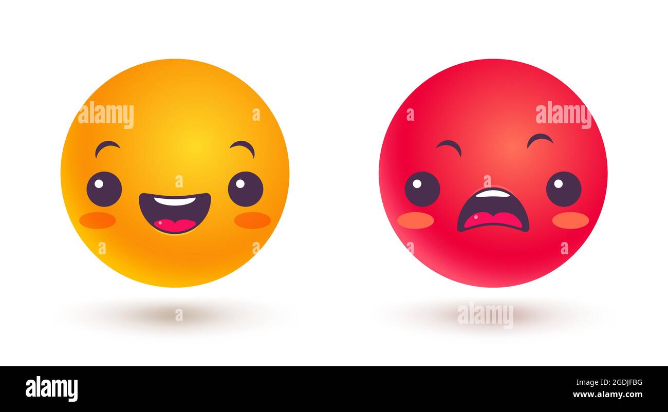 Vector set of emoji in different mood. Vector set icons of emoji in kawaii style. Funny and angry emoji in kawaii style. Stock Vector