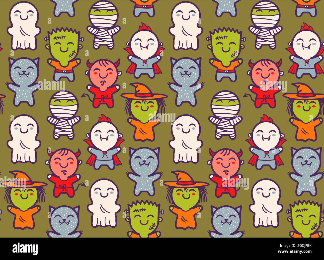 Vector seamless pattern with children in costumes for Halloween. Pattern with cute kids in Halloween monsters costumes. Halloween texture. Stock Vector