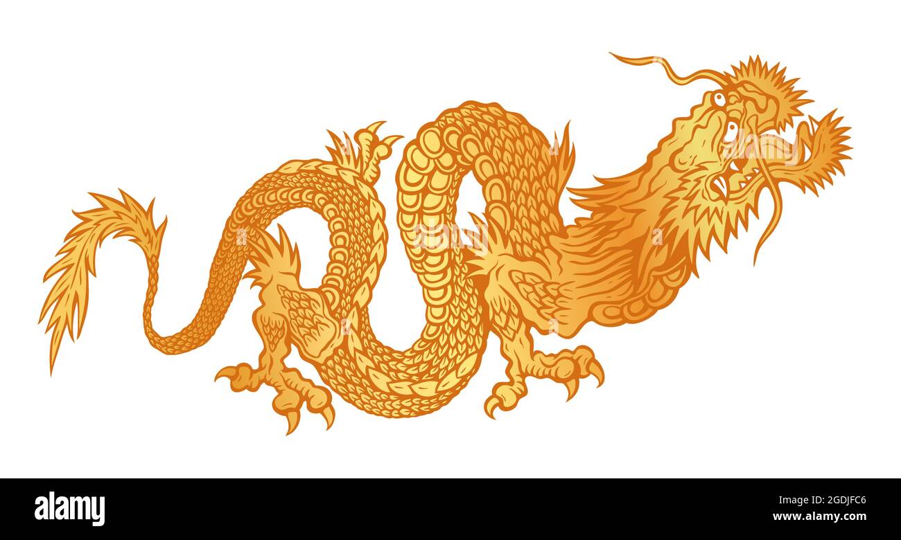 Vector illustration of a gold Chinese dragon on isolated background. Golden asian dragon. Stock Vector