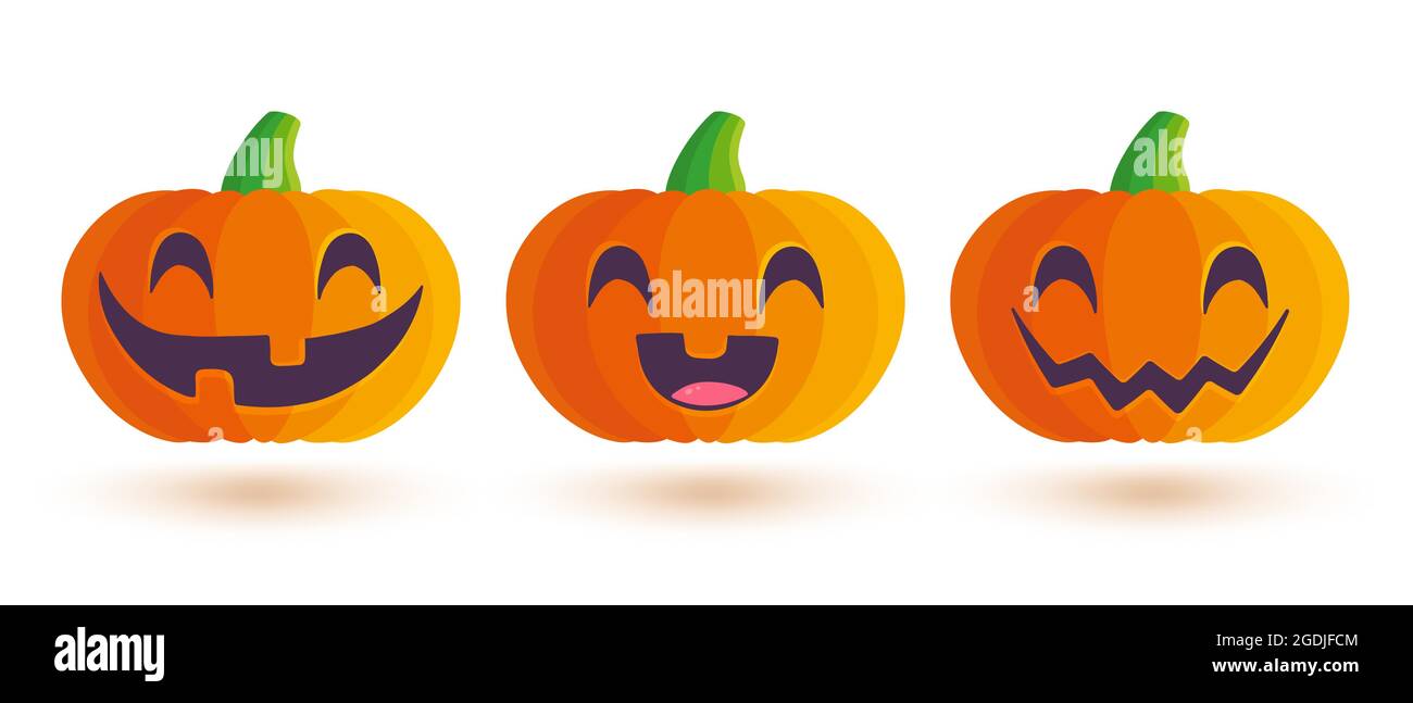 Vector set icons of pumpkin for Halloween in kawaii style. Cute pumkin in manga style. Stock Vector