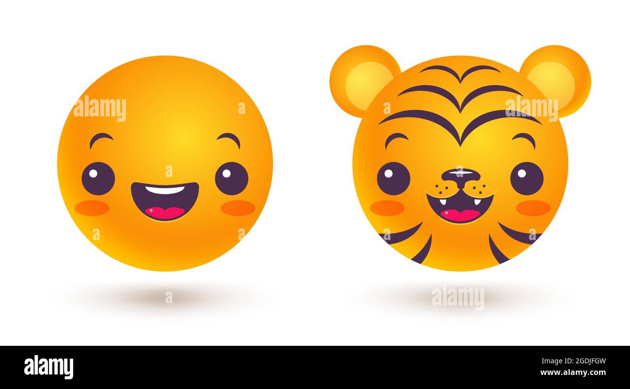 Vector set of emoji in different mood. Vector set icons of emoji in kawaii style. Funny and tiger emoji in kawaii style. Stock Vector