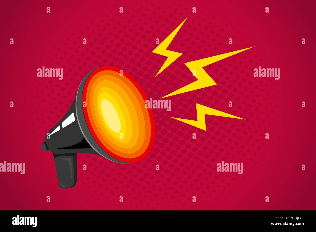 Vector icon of vintage megaphone on abstract background for breaking news or sale. Vector retro black megaphone with hot hole. Stock Vector