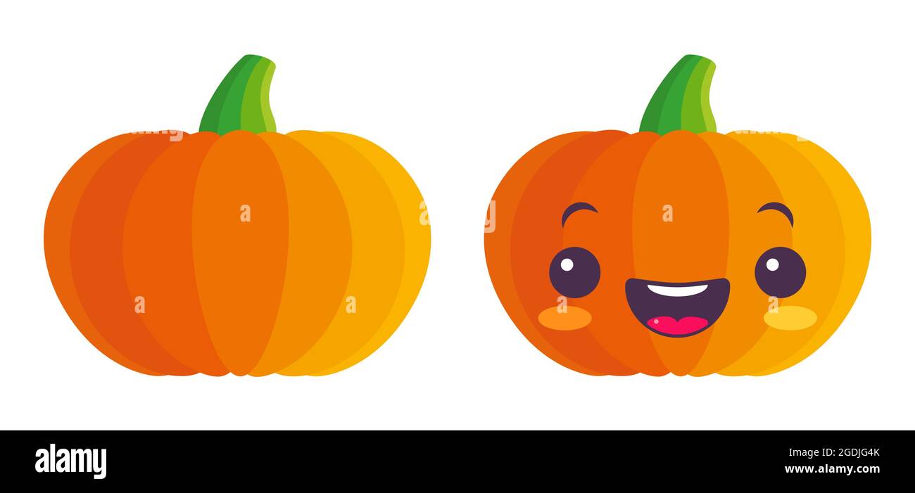 Vector set icons of pumpkin for Halloween in kawaii style. Cute pumkin in manga style. Stock Vector