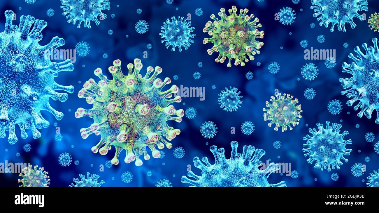 Covid variant as the delta or Lambda variants mutating virus concept and new coronavirus b.1.1.7 outbreak or covid-19 viral cell mutation. Stock Photo