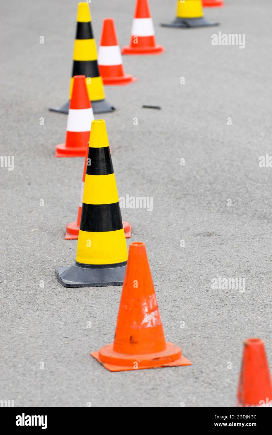 traffic cones in a curve, safe driving training, Germany Stock Photo