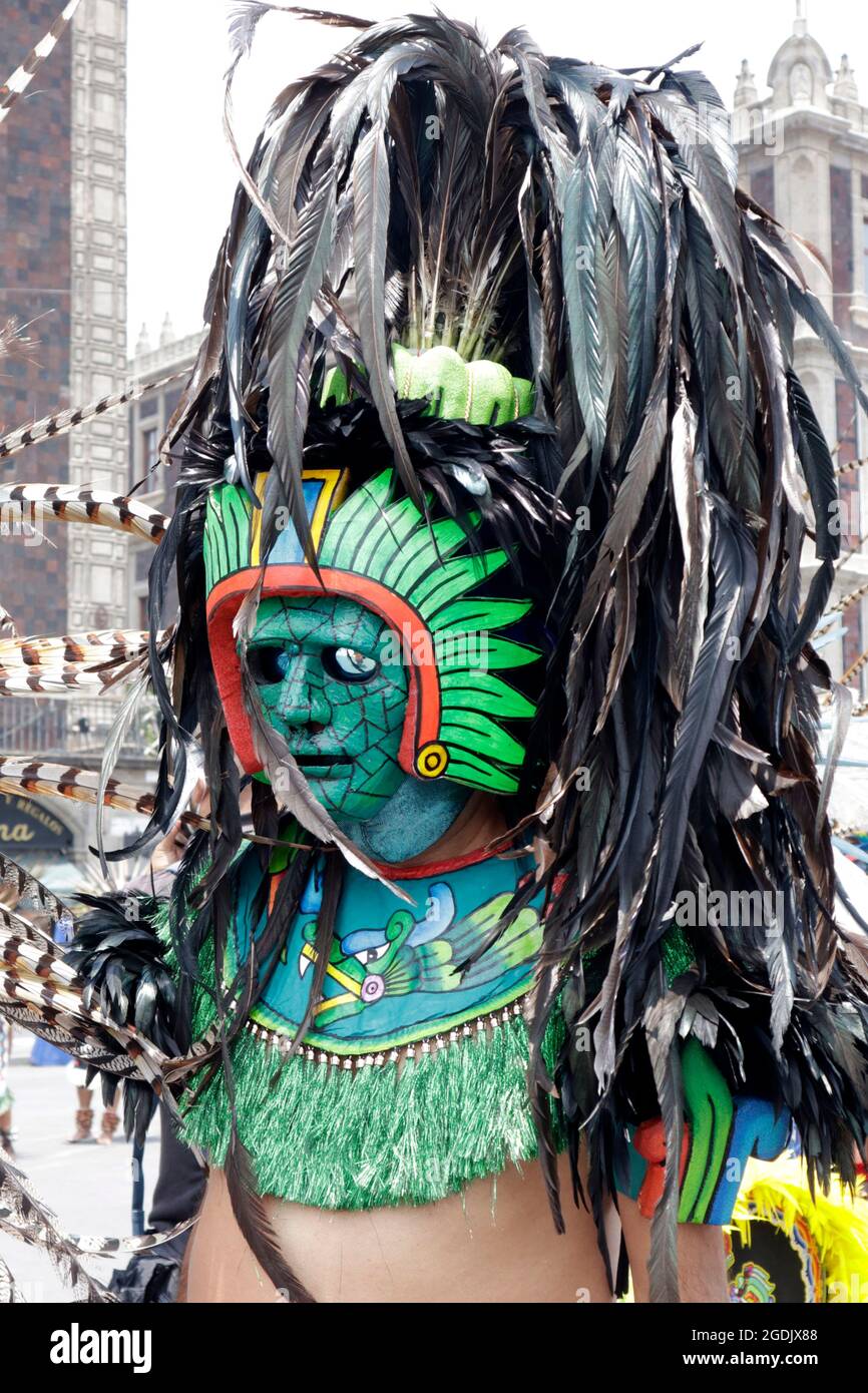Aztec Ritual Impersonators Mexico City, Mexico, August 13, 2021: Portrait of a person, disguised ...