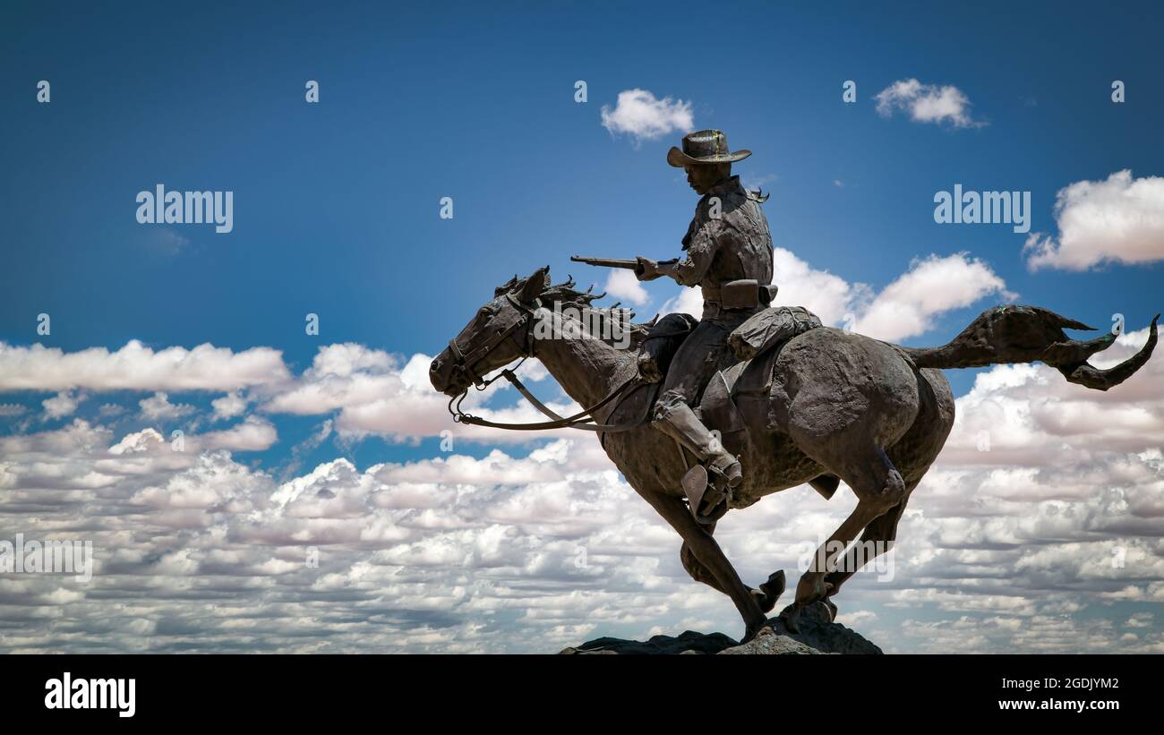 The Statue titled, 'The Errand of Corporal Ross' stands at the Buffalo Soldiers Memorial on Fort Bliss in El Paso, Texas. Stock Photo