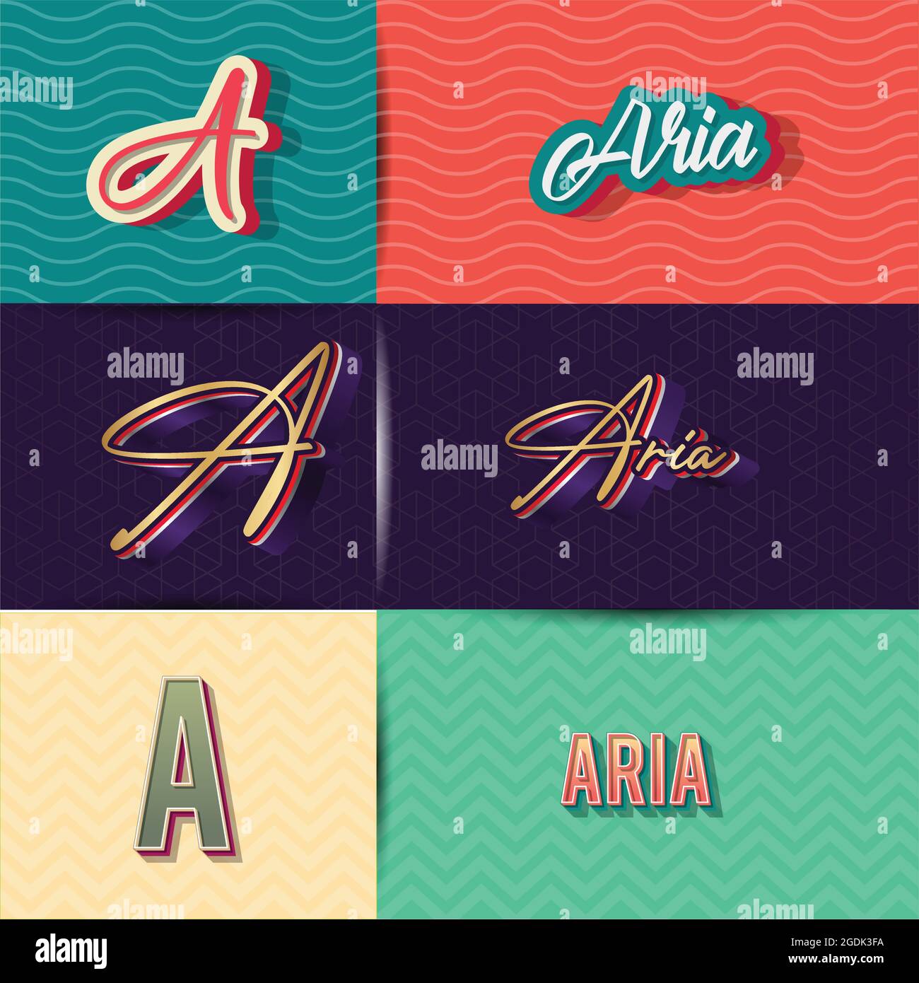 name Aria in various Retro graphic design elements, set of vector Retro