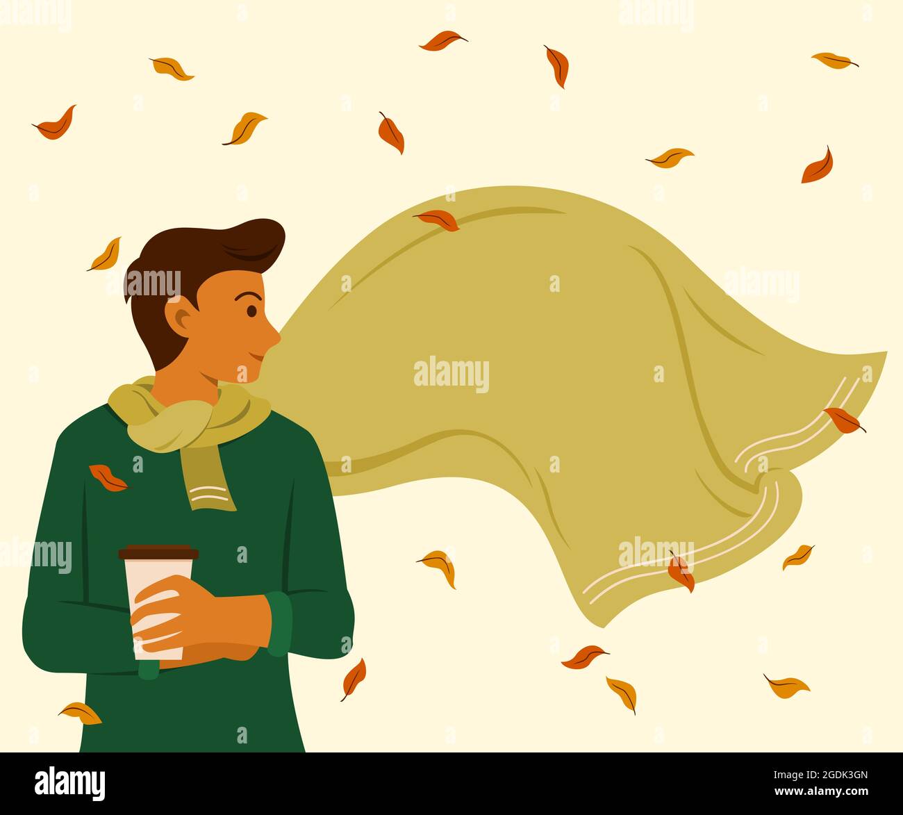 Man with Big Scarf with Copy Space and Dried Leaves Floating in the Wind of Autumn Season. Stock Vector