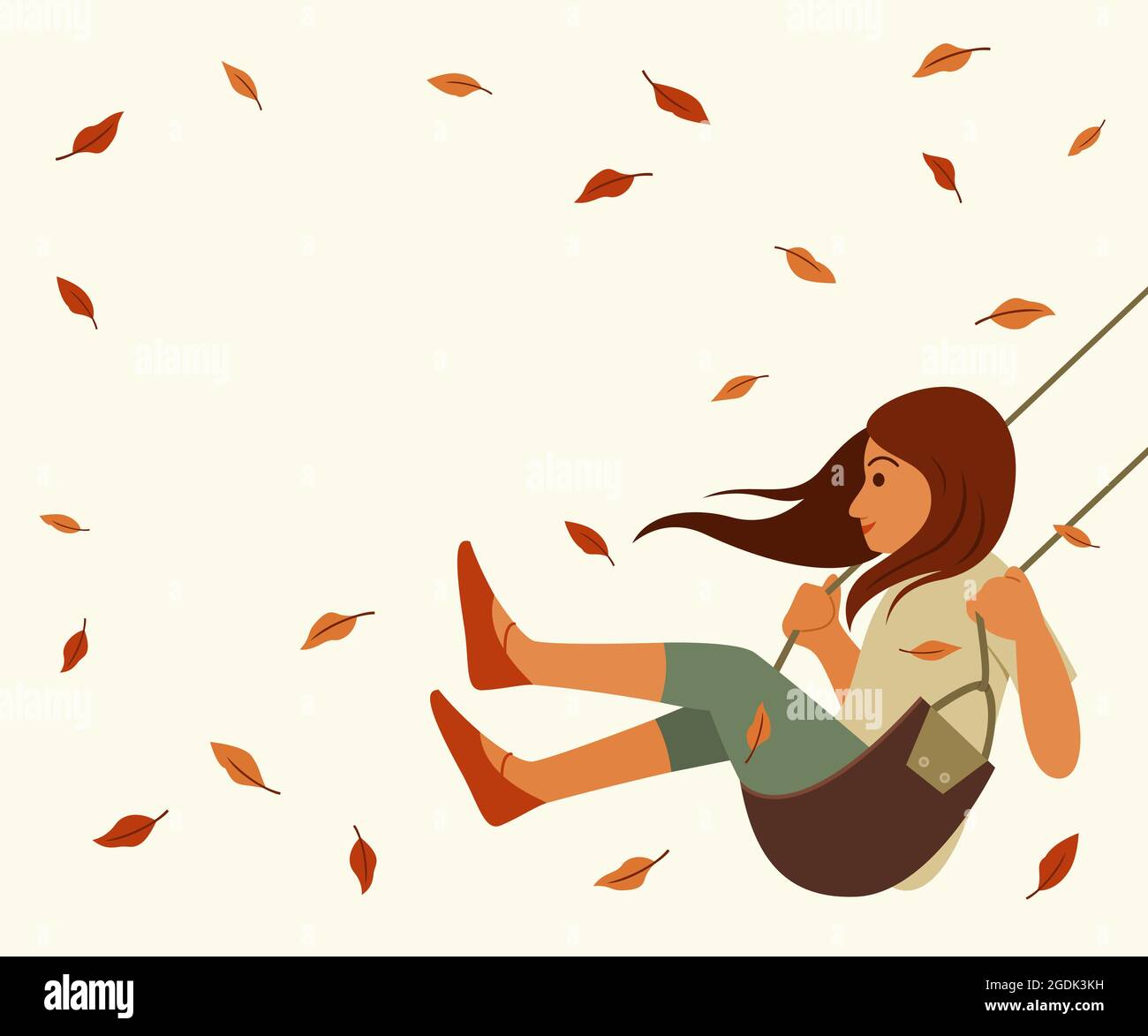 Girl Play the Swing and Dried Leaves Floating in the Wind of Autumn with Copy Space. Stock Vector