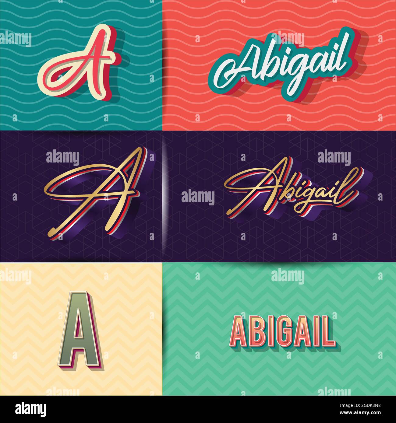 name Abigail in various Retro graphic design elements, set of vector Retro Typography graphic design illustration Stock Vector